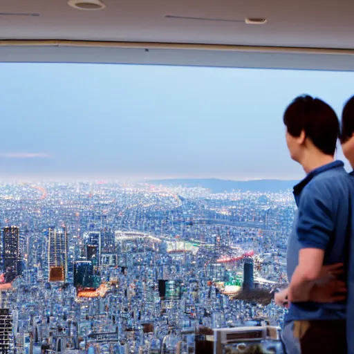 Prompt: two caucasian nerds looking out over the lights of Tokyo, from the perspective of the city, 8k,
