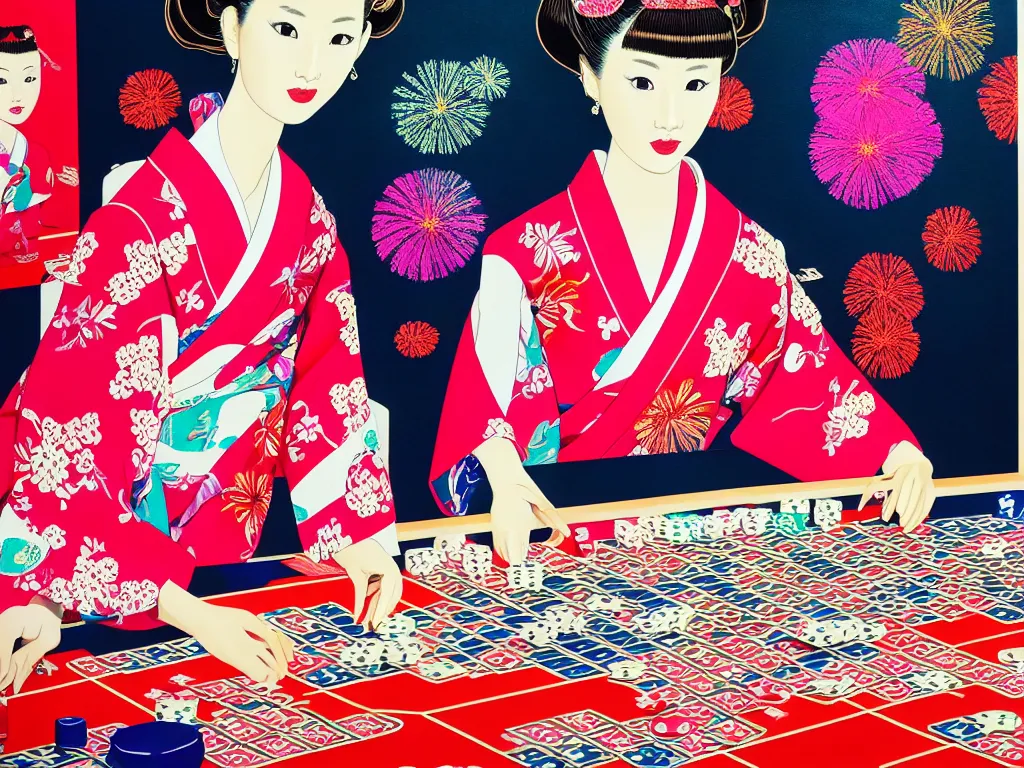 Image similar to hyperrealism composition of the detailed single woman in a japanese kimono sitting at an extremely detailed poker table with barbie, fireworks and folding screen on the background, pop - art style, jacky tsai style, andy warhol style, acrylic on canvas