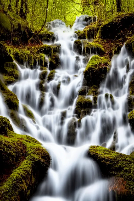 Image similar to Photo of a mushroom waterfall, 8k, cinematic, elegant, sharp focus, symmetry, highly detailed, beautiful light