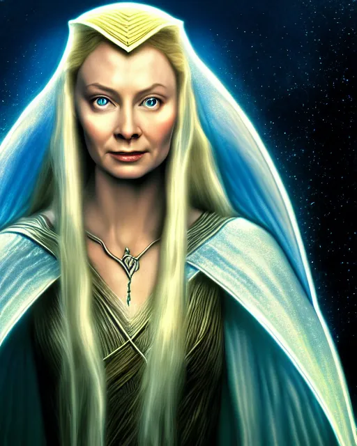 Prompt: Galadriel from Lord of the rings, Cover art by Stephen Bliss, boxart, loading screen, 8K resolution