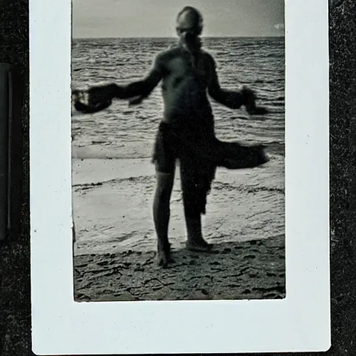 Image similar to Servant of Cthulhu on a sea shore, photography, polaroid