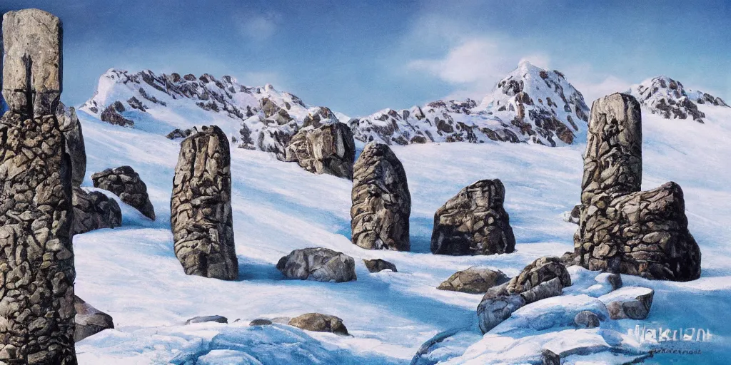 Image similar to idyllic poster of a craggy icy ski resort with large pillars of rock and no trees