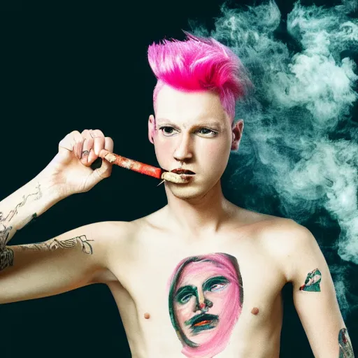 Image similar to person with pink hair holding a knife and smoking weed, cinematic, 4 k, oil painting