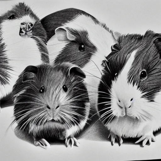 Image similar to guinea pigs using computers, pencil drawing, detailed, hyper-detailed