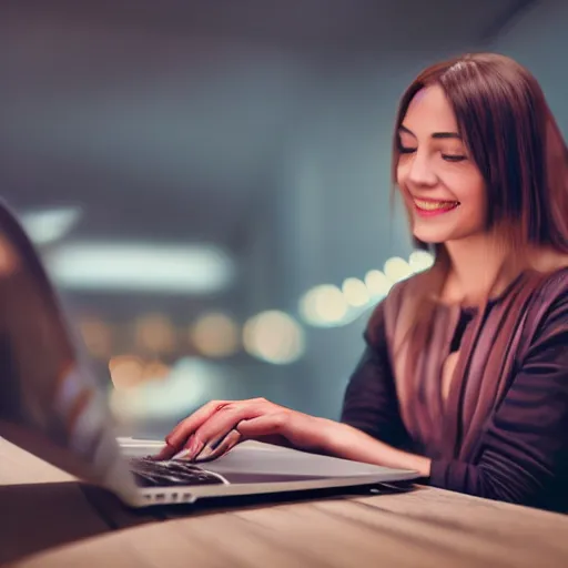 Image similar to photorealistic illustration of a person using a computer happily while drinking coffee