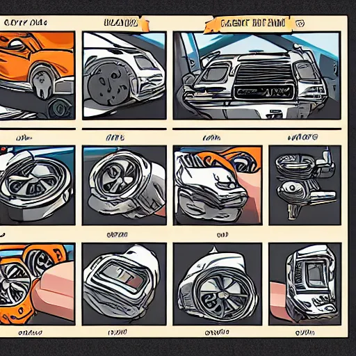 Image similar to car engine, car parts concept, card, comic page