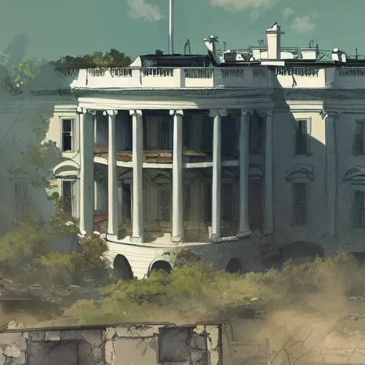 Image similar to The Post-Apocalyptic Ruins of the White House, Anime concept art by Makoto Shinkai