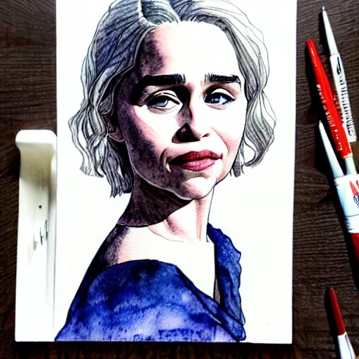 Prompt: portrait of emilia clarke by francis picabla, pen and watercolor wash on cardboard