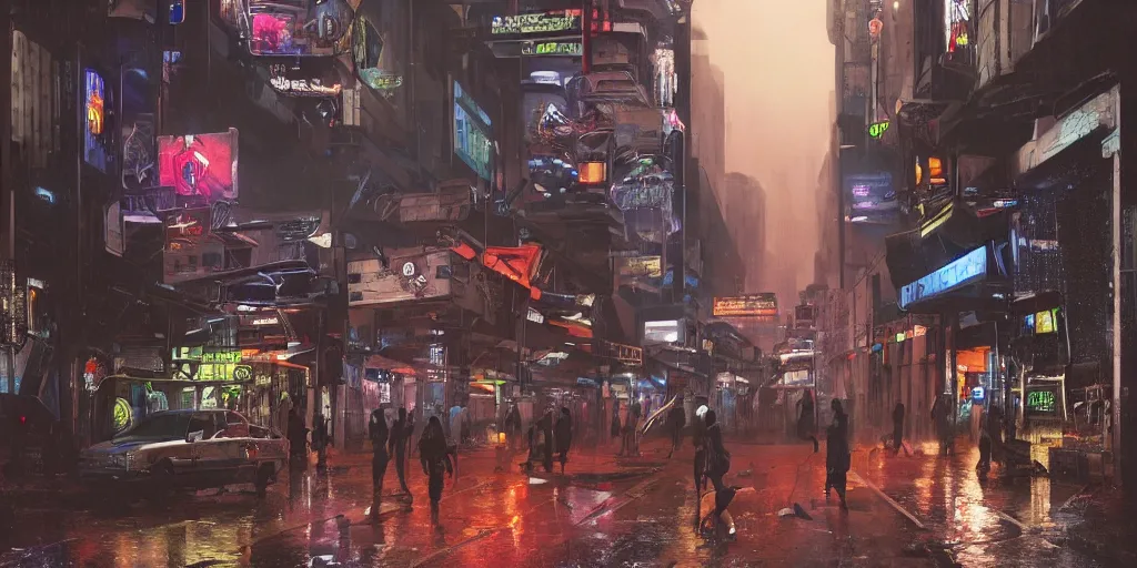 Image similar to a cinematic hyper - realistic reimagination of an african cyberpunk street during a rainy night by adam baines