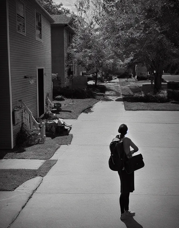 Image similar to “ quiet american neighborhood, a woman waiting holding a backpack, in the style of gregory crewdson ”