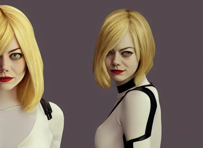 Prompt: Emma stone is gwen stacy spider man, spider woman, Emma stone with blond hair, blond, full body photo, in gwen stacy spider suit, white spider suit, smooth face, posing for camera, cinematic, epic background action pose, hyper realism, artstation, 8k, photoshoot