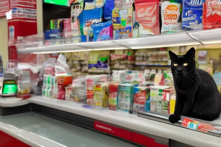 Prompt: cat on the counter in 7 - eleven next to a carton of cigarettes wide angle lens