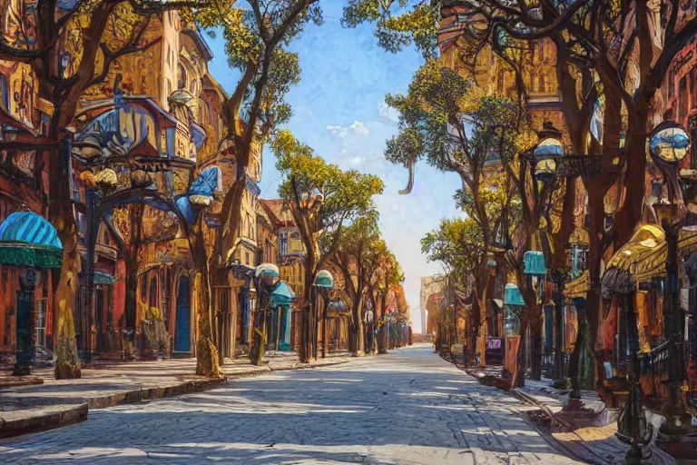 Prompt: tree-lined street in a very old very beautiful city by Gustav Bauernfeind and Nicholas Roerich, ornate wrought iron, strong dramatic cinematic lighting , colorful tiled architecture, lost civilizations, smooth, sharp focus, extremely detailed