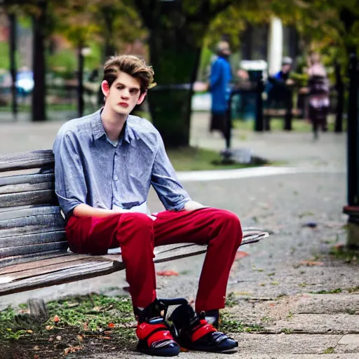Image similar to photo of sad teenage andrew garfield sitting on a bench in a park, two crutches near bench, wearing shirt and trousers, street of moscow, shallow depth of field, cinematic, 8 0 mm, f 1. 8