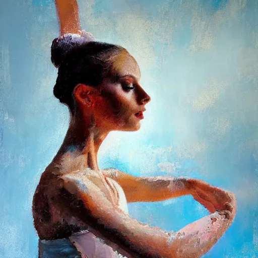 Image similar to portrait of a ballerina, impasto paint, 8 k, cinematic light, shadows, reflection highlights in the paint, in the style of christian beijer,