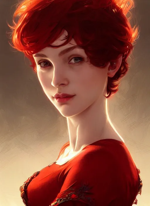 Image similar to Red short hair Portrait of woman, fantasy, intricate, elegant, highly detailed, digital painting, artstation, concept art, smooth, sharp focus, illustration, art by artgerm and greg rutkowski and alphonse mucha