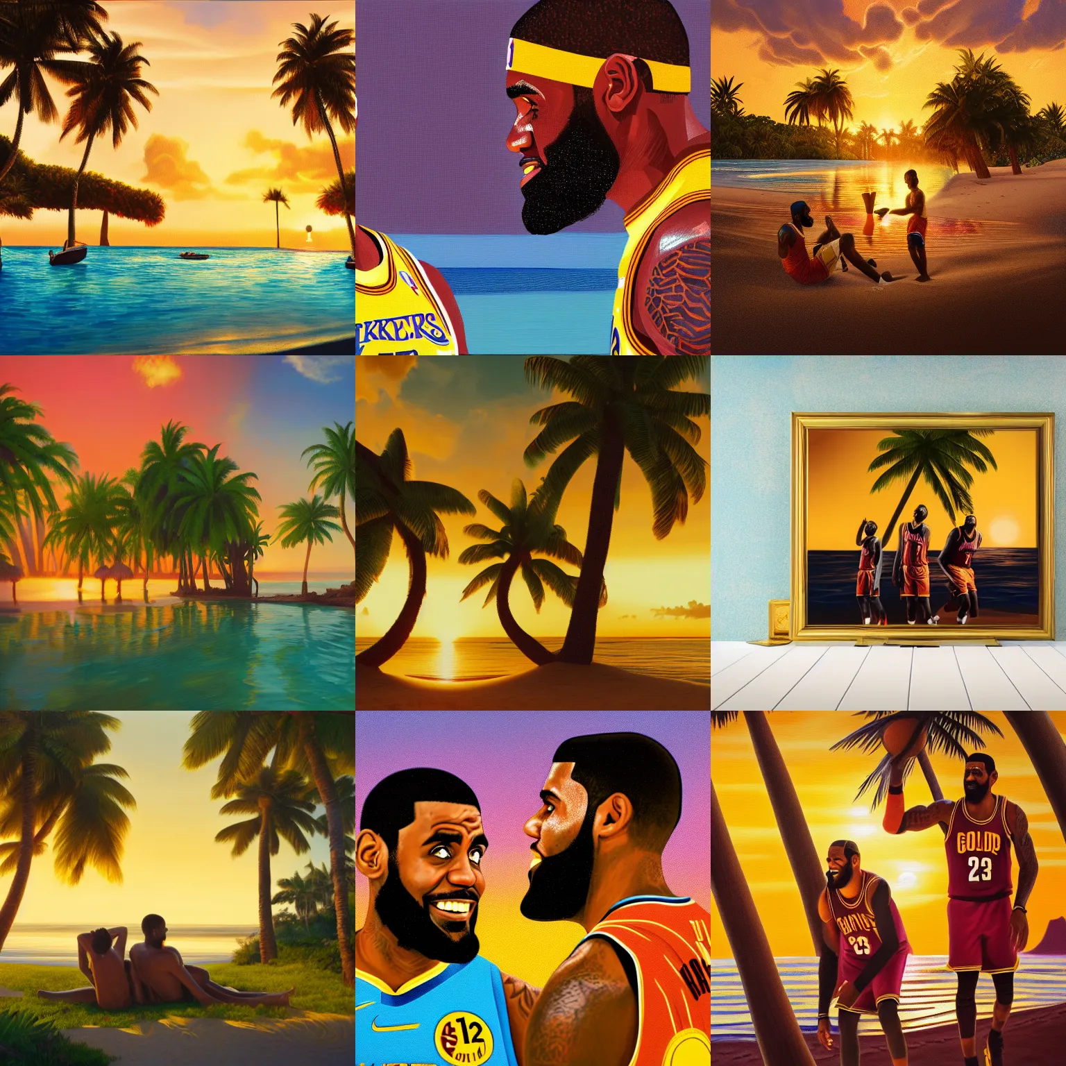 Prompt: lebron james and kyrie irving, tropical island, golden hour, oil on canvas, octane render