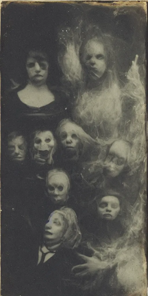 Prompt: spirit photography with glowing bulbous ectoplasm, scary reed people, sleep paralysis demon, 1 9 0 0 s, slimer, mourning family, invoke fear and dread, old photograph, daguerreotype, face of mona liza in the center