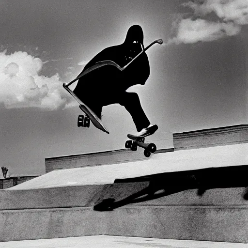 Image similar to old photo of the Grim Reaper doing a kickflip