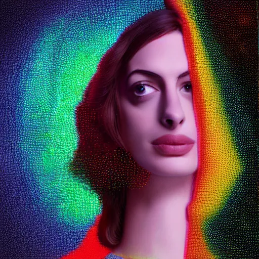 Image similar to surreal Anne Hathaway covered in chromatic distortions standing in mysterious place, beautiful, pscychodelic, trending on artstation, artwork by Hughes, Edward Robert