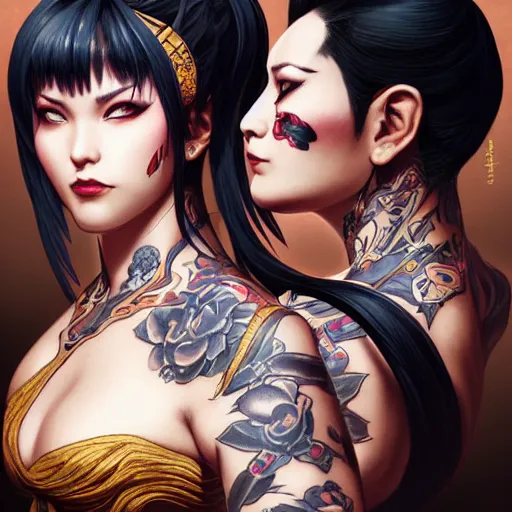 Prompt: portrait of goth Chun Li with yakuza tattoos, Street fighter, intricate, elegant, highly detailed, digital painting, artstation, concept art, smooth, sharp focus, illustration, art by artgerm and greg rutkowski and alphonse mucha