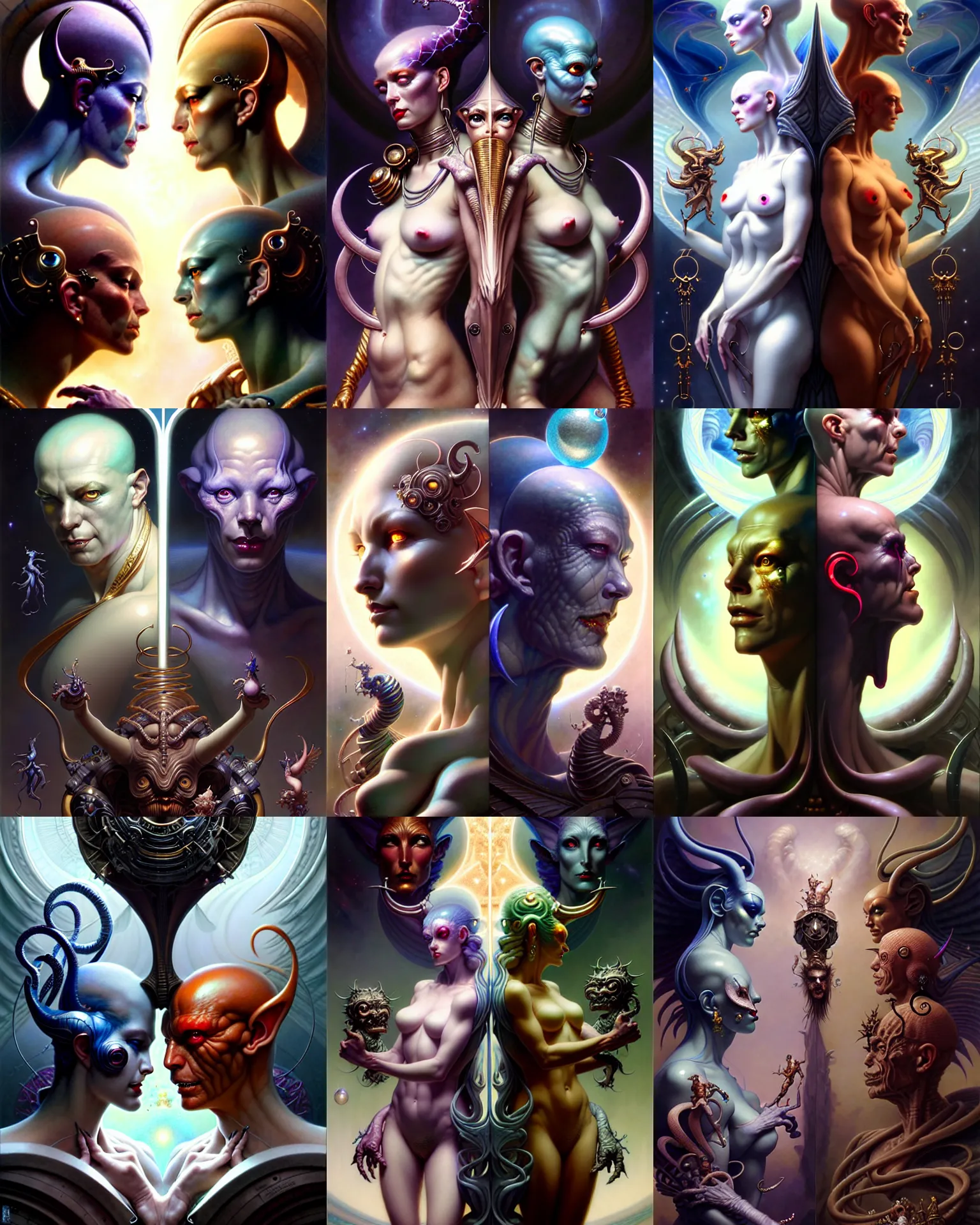 Image similar to beautiful gemini good and evil, happy and sad faces, fantasy character portrait, ultra realistic, wide angle, intricate details, the fifth element artifacts, highly detailed by peter mohrbacher, boris vallejo, hajime sorayama, wayne barlowe, aaron horkey, gaston bussiere, craig mullins