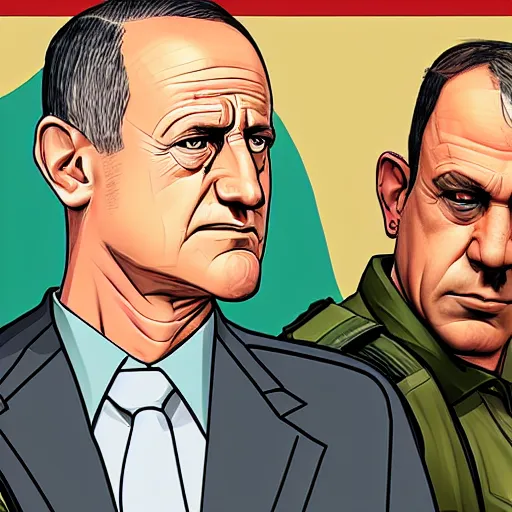 Prompt: portrait of Benny Gantz Defense Minister of Israel as a GTA v character. GTA v loading screen illustration by martin ansin, matt bors