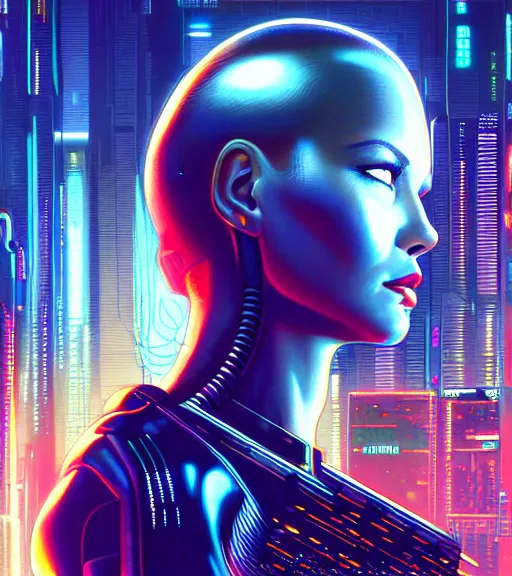 Image similar to cable plugged in, side of head, very very beautiful woman, cyberdeck computer terminal, street level night city, 1 9 7 9 omni magazine cover, style by vincent di fate, artgerm, cyberpunk 2 0 7 7, very coherent, detailed, 4 k resolution, unreal engine, daz