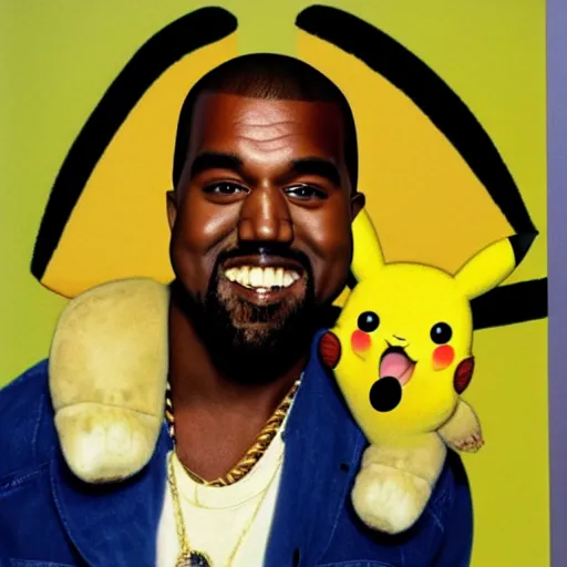 Image similar to kanye west smiling holding pikachu for a 1 9 9 0 s sitcom tv show, studio photograph, portrait c 1 2. 0