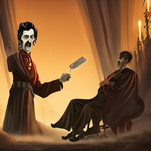 Image similar to dracula getting a haircut, digital art, highly detailed, epic composition, cinematic lightning