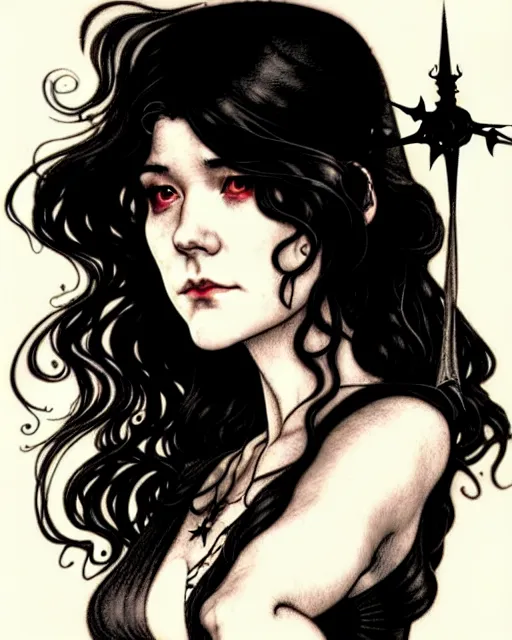 Image similar to style of arthur rackham, artgerm, rafael albuquerque, steve niles : : gorgeous mary elizabeth winstead : : evil sorceress, swirling black magic, black dress : : symmetrical face, symmetrical eyes : : full body pose : : gorgeous red hair : : cinematic lighting : :