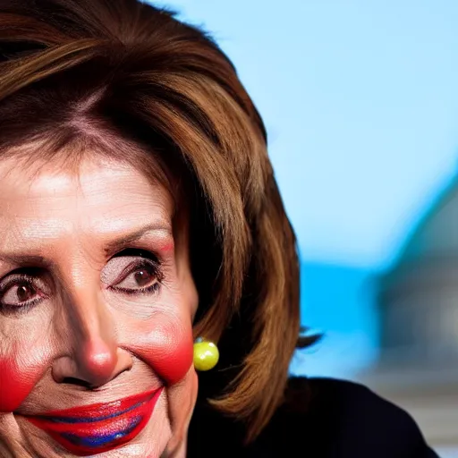 Image similar to Nancy Pelosi with colorful clown makeup all over her face