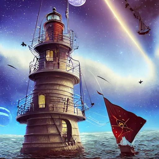 Image similar to pirates sailing the lighthouse in the middle of the galaxy , wide angle shot, diffuse lighting, fantasy, intricate, elegant, highly detailed, lifelike, photorealistic, digital painting, illustration, concept art, smooth, sharp focus, A24!film cinematography