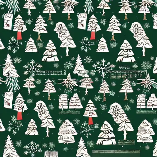 Prompt: a woodblock print christmas tree repeating pattern