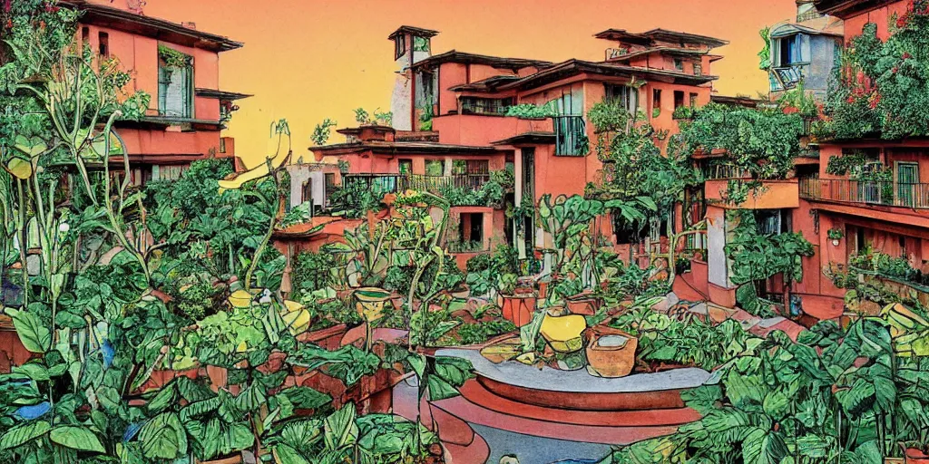 Image similar to masterpiece, graphic illustration of italian village courtyard designed by by frank lloyd wright architect, plants and trees, bill sienkiewicz, plants trail from balconies, parrots fly, abstract geometric mirrored sculptures, sunset