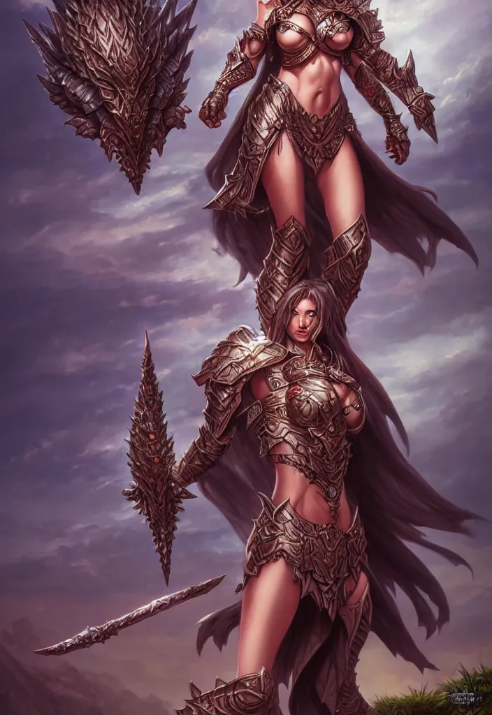 Image similar to sakimi chan, standing on a rock, fantasy armor, detailed face, tony sart, hyper realistic