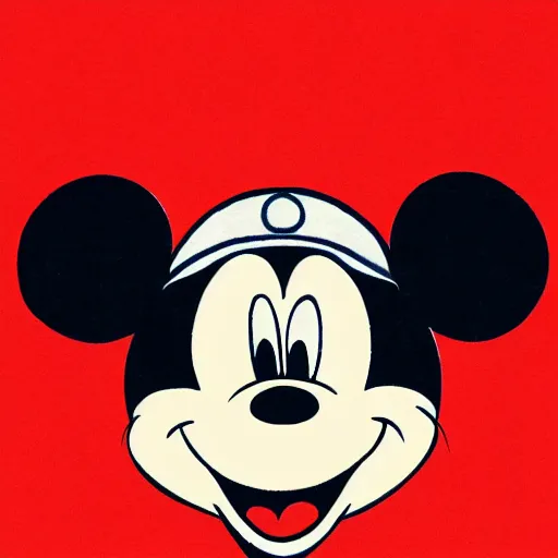 Prompt: a drawing of disney's mickey mouse in a ushanka with a soviet emblem, color, professional,
