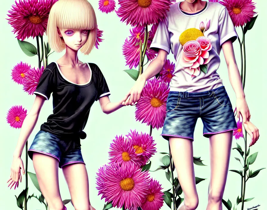 Image similar to richly detailed colored pencil 3D illustration of a beautiful French woman with short bleached blonde hair wearing a long Tshirt and black shorts that is sewing thread drawings of flowers into her thigh. mirrored background with completely rendered reflections, art by Range Murata and Artgerm.