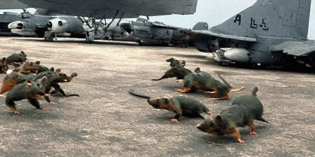 Image similar to photo of rodents attacking an airbase, terrifying, photorealistic, horror, hyperrealistic