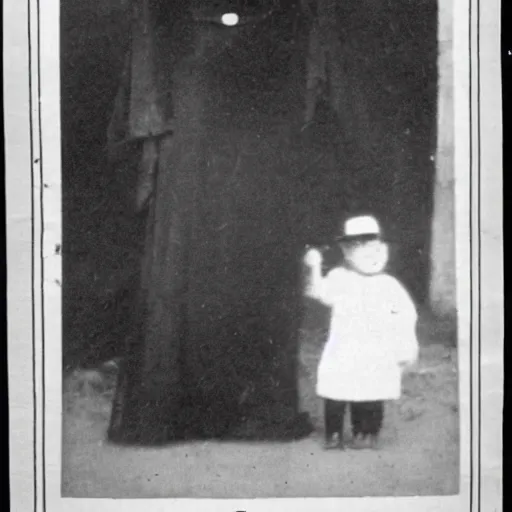 Prompt: black and white grainy newspaper photo from 1898 of an old scary lady in black suit with child, horror