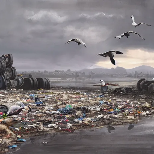 Image similar to on water, enormous huge mountains of tyres and garbage floating, seagulls flying in the forecasted sky, dramatic light, post apocalyptic, rainy weather, wet,highly detailed, wide shot, 8K mate painting, concept