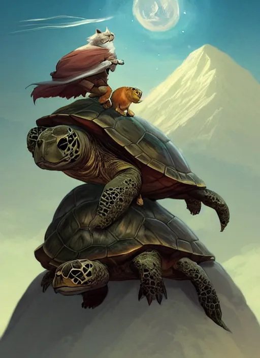 Prompt: character portrait of The tallest mountain topped by a cat riding a gigantic turtle, with another cat riding a large turtle atop the mountain. By Greg Rutkowski. cute beautiful attractive detailed. Character design by charlie bowater, ross tran, artgerm, and makoto shinkai, detailed, inked, western comic book art