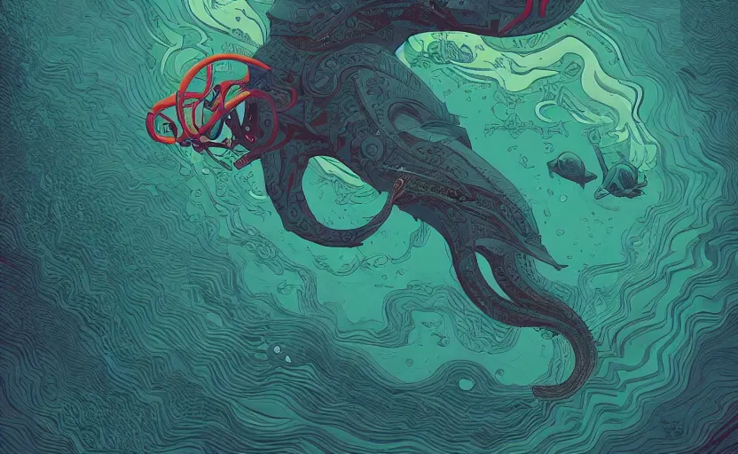 Prompt: dark ocean, complex patterns, artstation, intricate, realistic, highly detailed, digital painting, concept art, sharp focus, illustration by tom whalen and charles williams and kilian eng and james jean