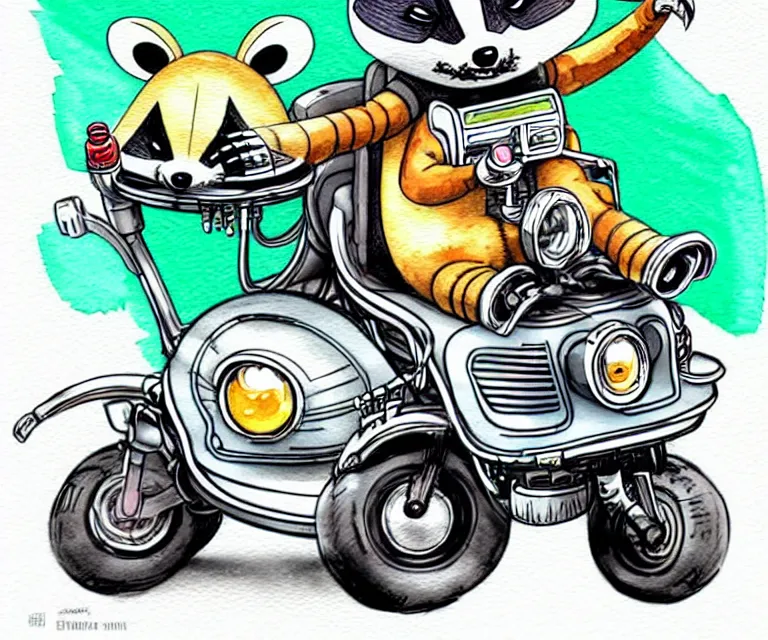 Prompt: cute and funny, racoon wearing a helmet riding in a tiny motorized wheelchair, ratfink style by ed roth, centered award winning watercolor pen illustration, isometric illustration by chihiro iwasaki, edited by range murata