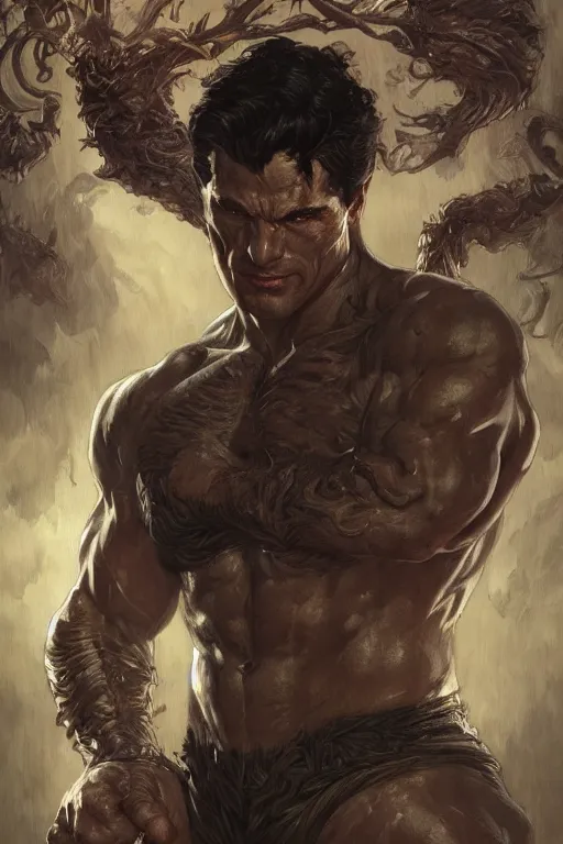 Prompt: portrait of bruce wayne as a hulking herculean demon, forest, godlike, full body, fantasy, intricate, elegant, highly detailed, digital painting, artstation, concept art, sharp focus, illustration, art by artgerm and greg rutkowski and alphonse mucha