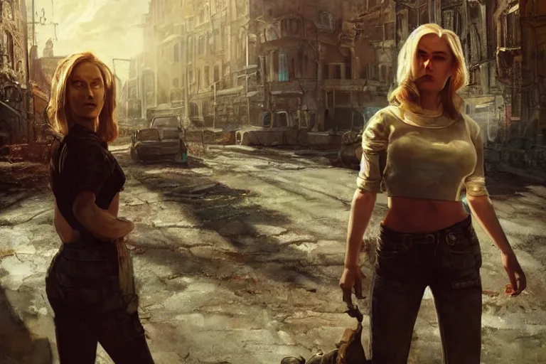 Image similar to fallout 5, charismatic beautiful rugged blonde female protagonist, portrait, outdoors european cityscape, atmospheric lighting, painted, intricate, volumetric lighting, beautiful, daytime, spring, sunny weather, few clouds, sharp focus, deep colours, ultra detailed, art by william turner