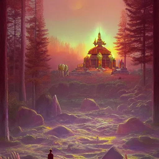 Prompt: A beautiful Hindu temple by Simon Stålenhag and Albert Bierstadt, oil on canvas