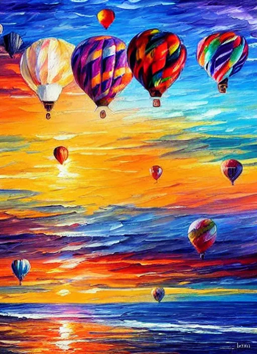 Image similar to beautiful hot air balloons over the ocean at sunset in the style of leonid afremov