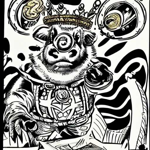 Image similar to comic book drawing of pig wearing a gold crown in the style of jack kirby