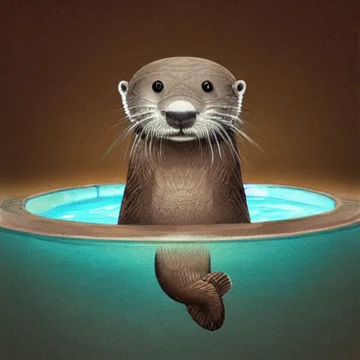 Image similar to anthropomorphic otter in a greek art style sitting in a pool of water, traditional painting, soft lighting, beautiful